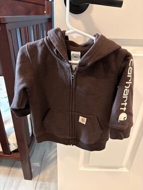 Carhartt Kids Brown Zip-Up Hooded Sweatshirt with Logo Sleeve